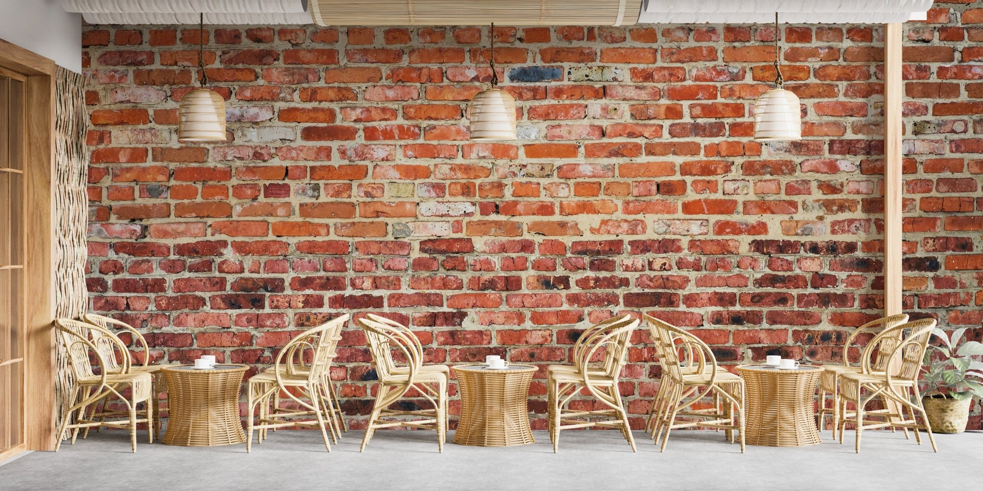 Cafe interior with wooden stools and textured brick wall mural.