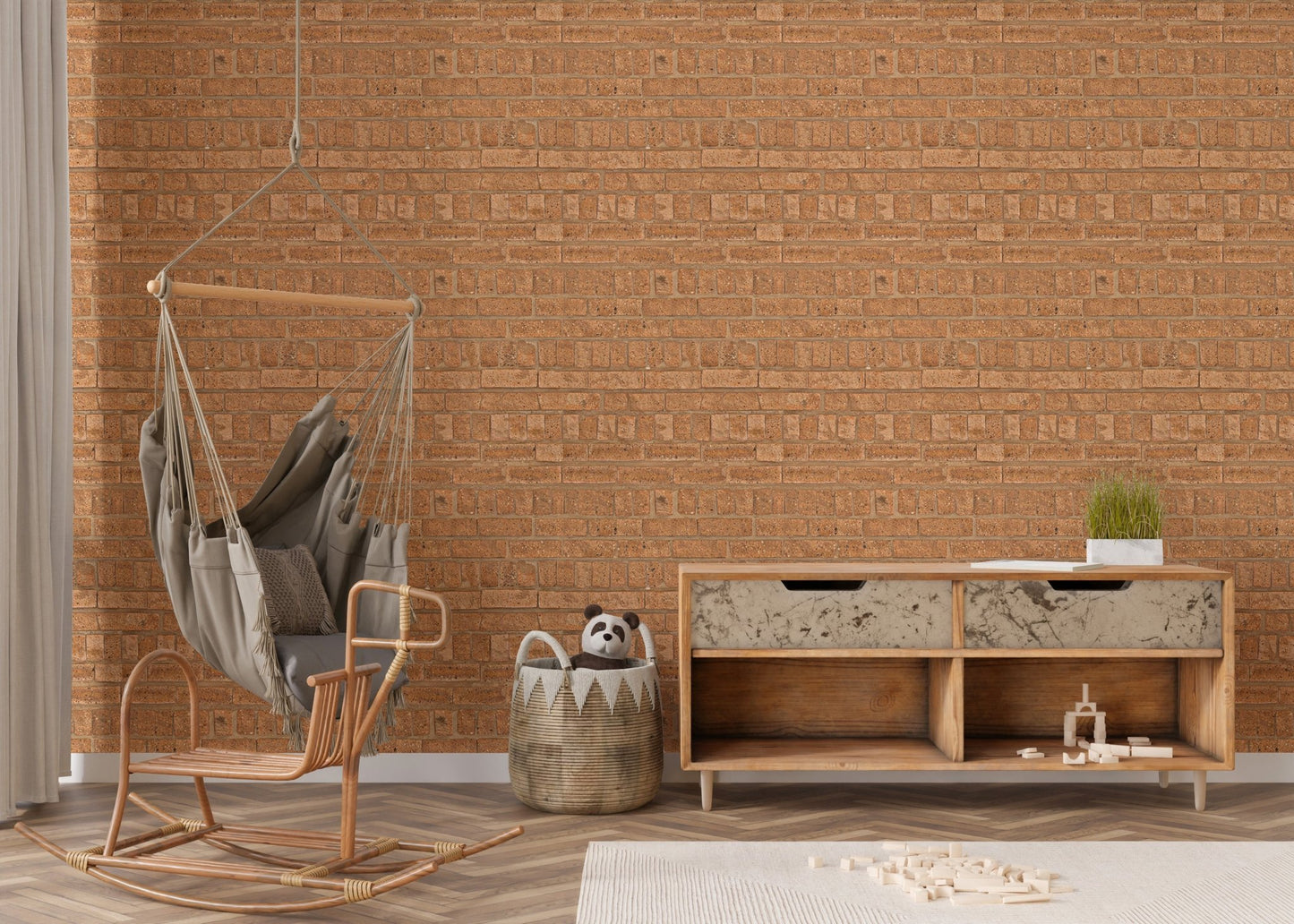 Stylish brick pavement texture in brown tone wallpaper for nursery interior.