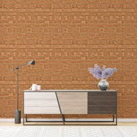 Brown color brick pattern wallpaper displayed behind a wooden sideboard and lamp.