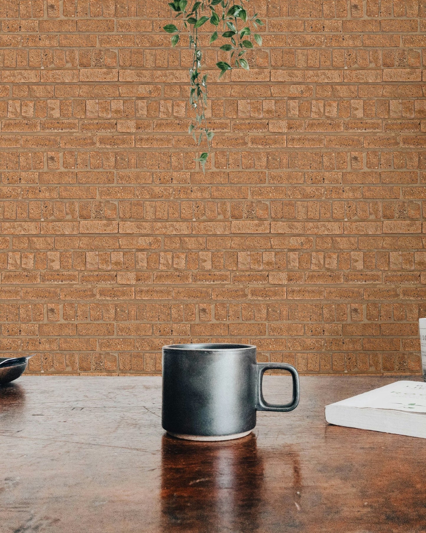 Decorative brown brick wallpaper for dining room interiors.