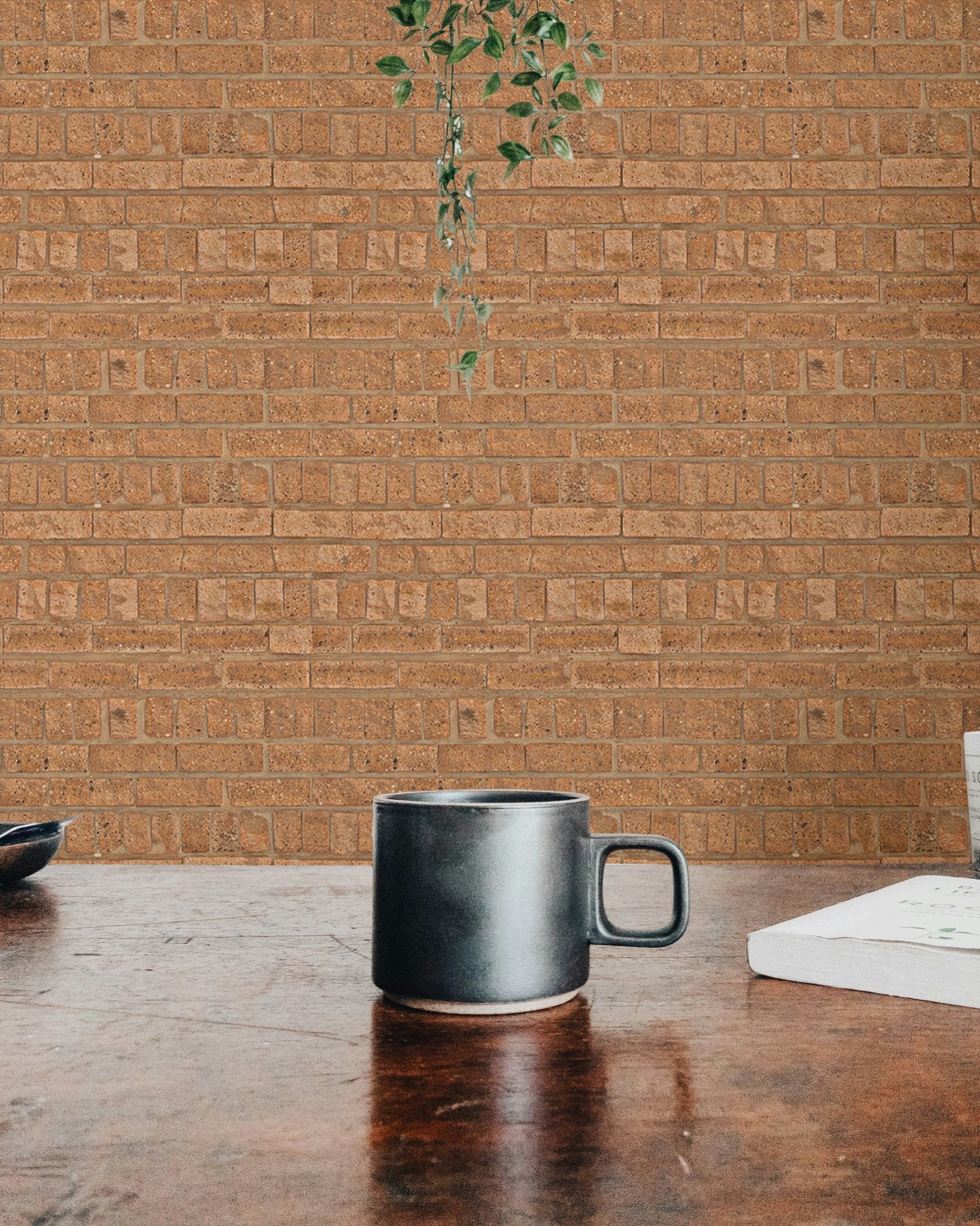 Decorative brown brick wallpaper for dining room interiors.