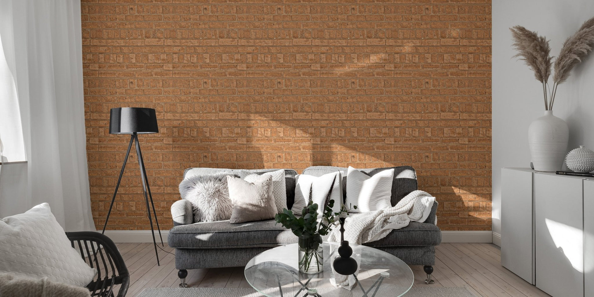 Pavement-inspired brown brick pattern wallpaper in living area. 