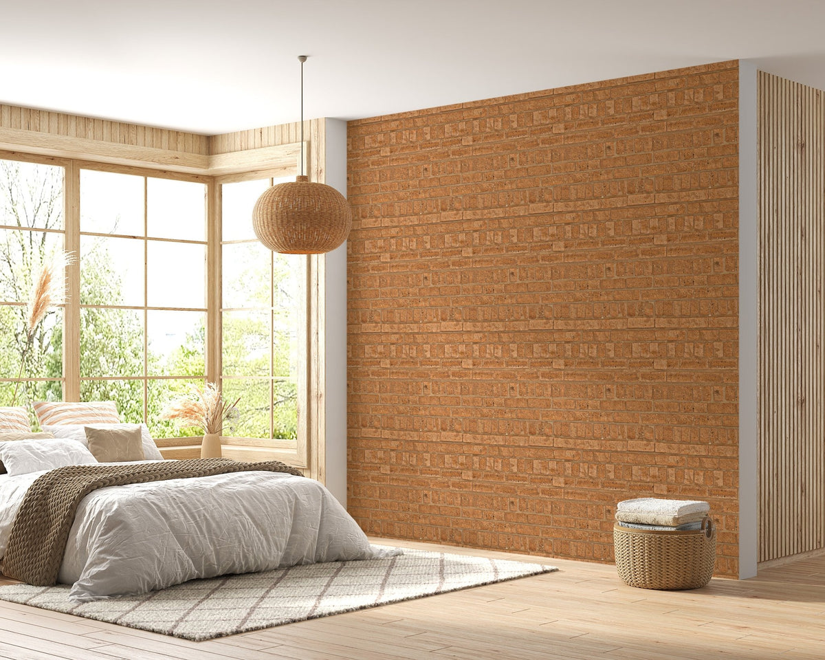 Sophisticated brown brick pavement wallpaper in bright bedroom.