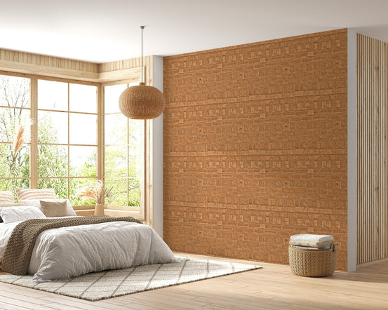 Sophisticated brown brick pavement wallpaper in bright bedroom.