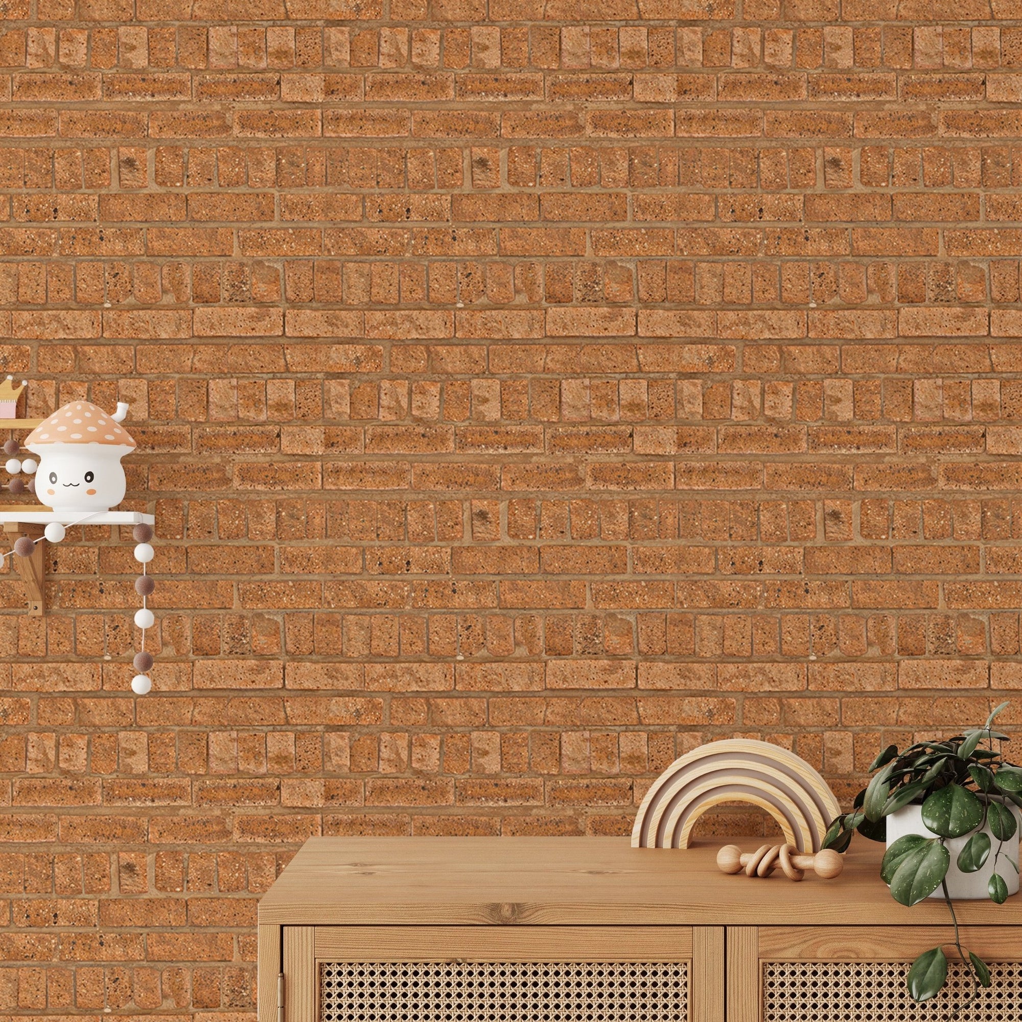 Brick wall pavement texture wallpaper on a kids room feature wall behind a couch.