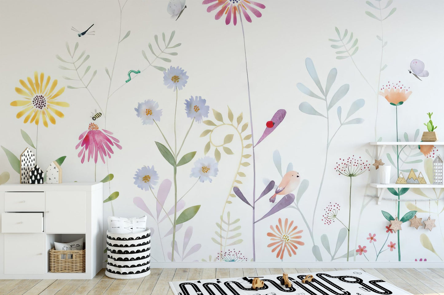 Pastel botanical wallpaper mural with airy floral arrangement.