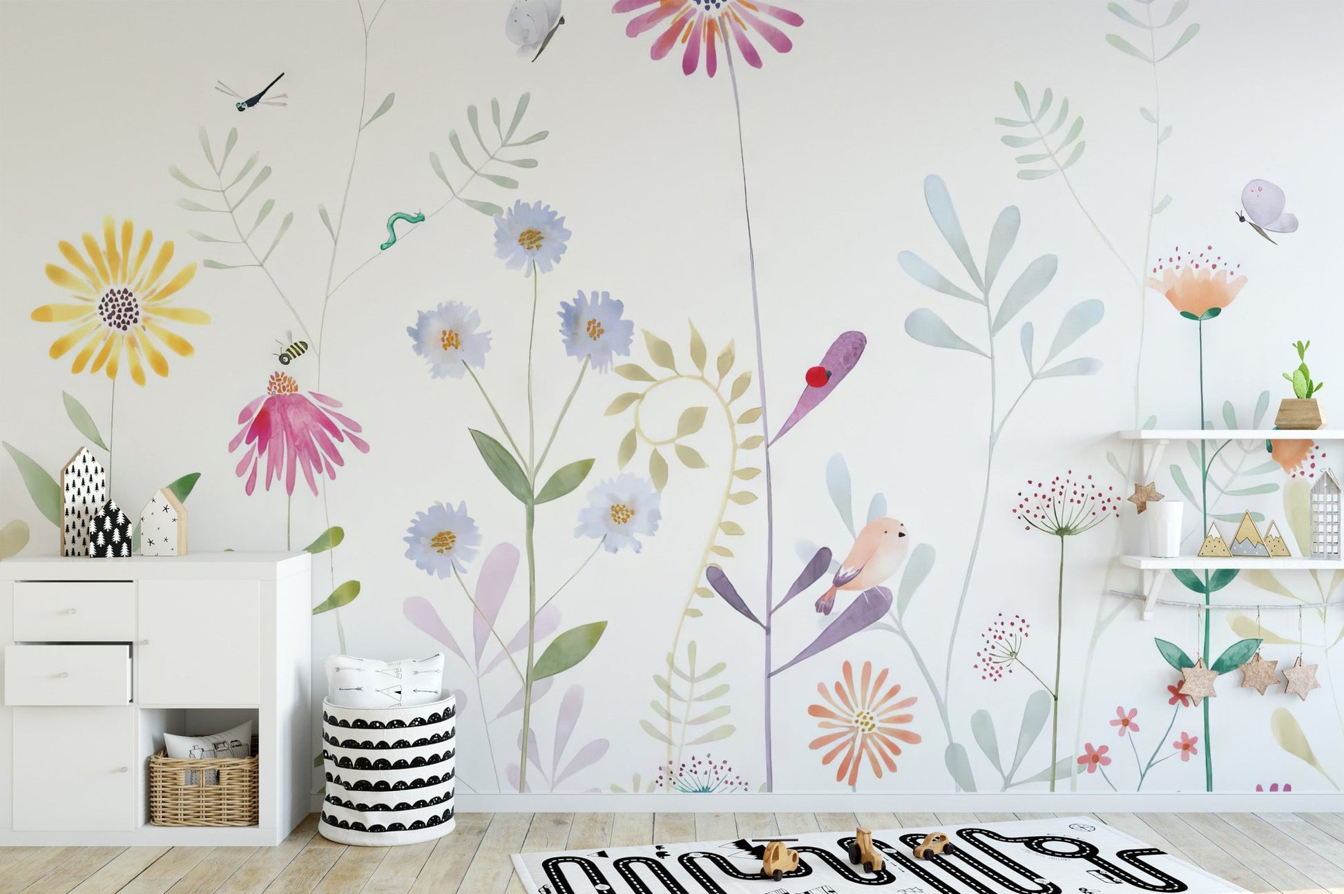 Pastel botanical wallpaper mural with airy floral arrangement.
