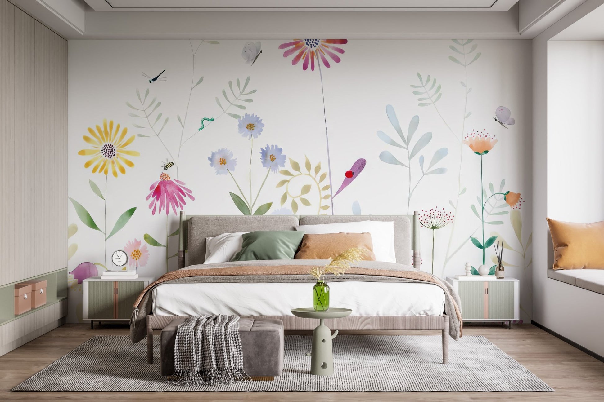 Elegant pastel floral wallpaper mural with subtle detailing.