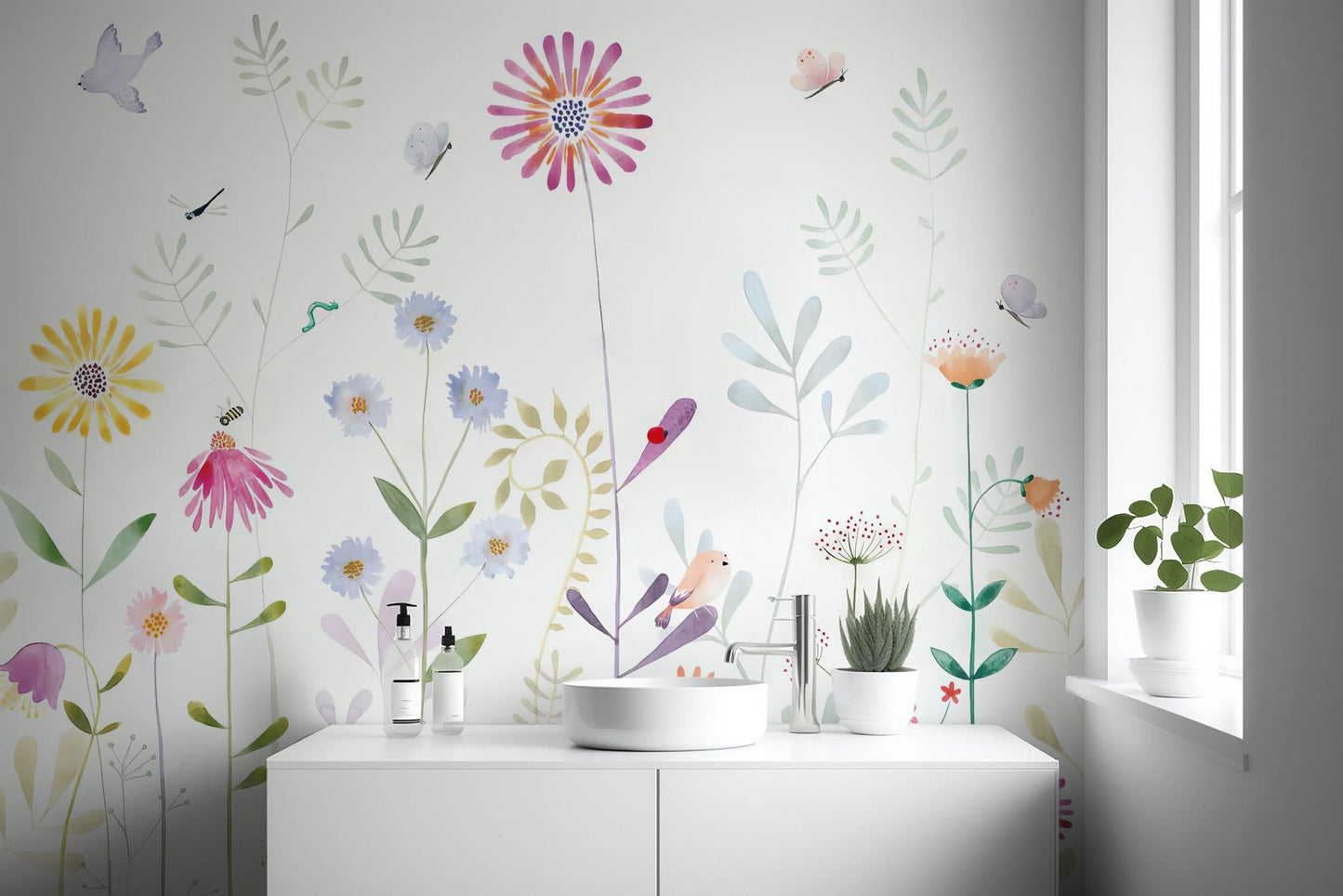 Colorful flower garden wall mural with delicate birds and insects.