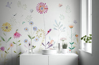 Colorful flower garden wall mural with delicate birds and insects.