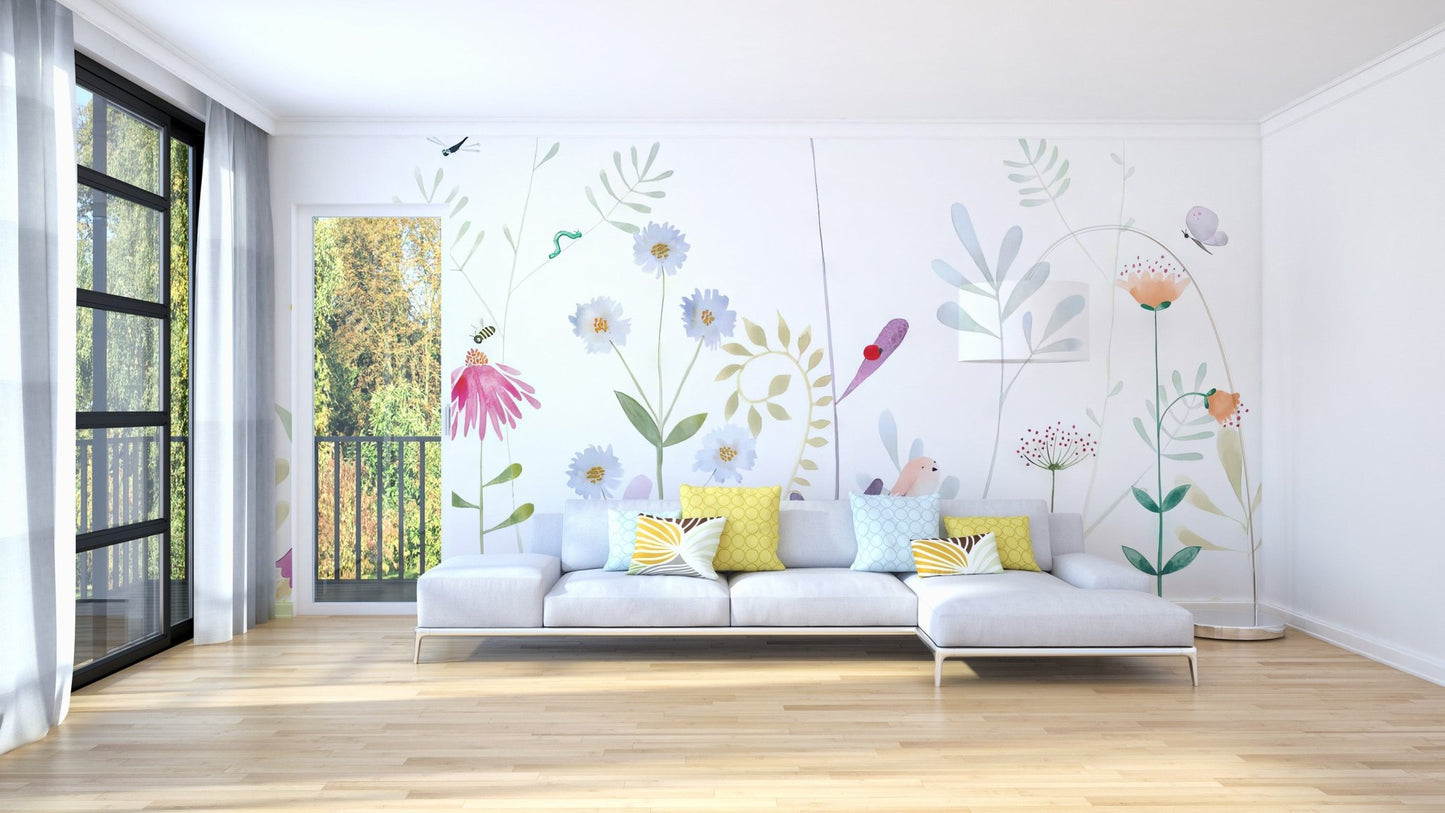 Artistic flower wallpaper mural with hand painted style.