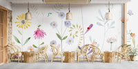 Bright flowers wall mural with watercolor petals and soft foliage.