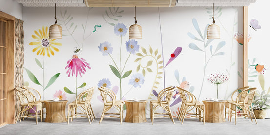 Bright flowers wall mural with watercolor petals and soft foliage.