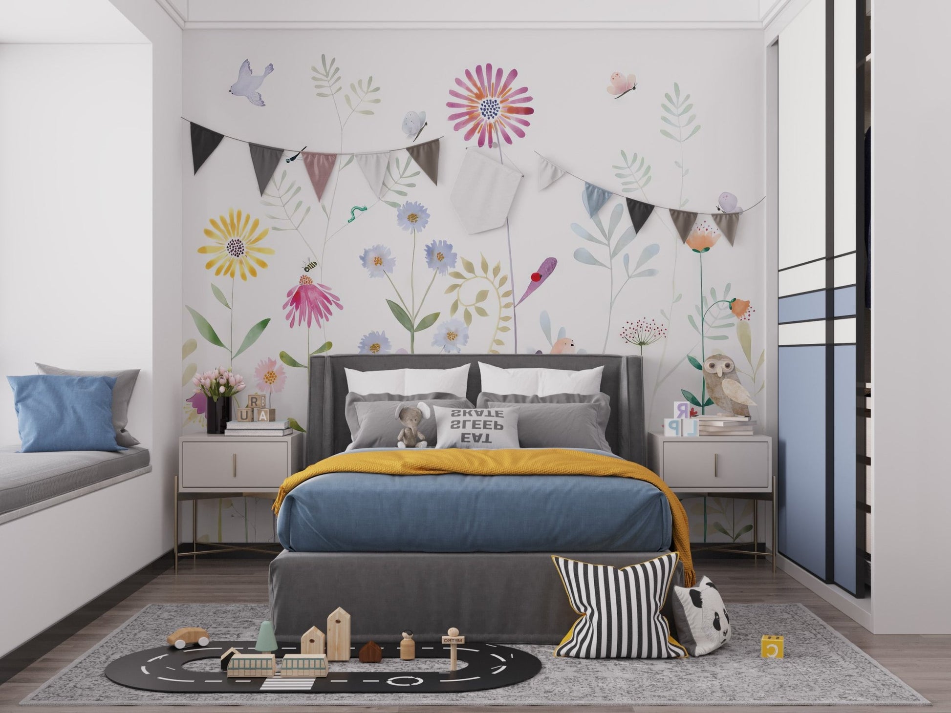 Spring inspired flower wall mural with soft brush texture.