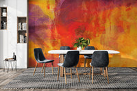 Bright orange abstract wallpaper mural with layered brush textures.