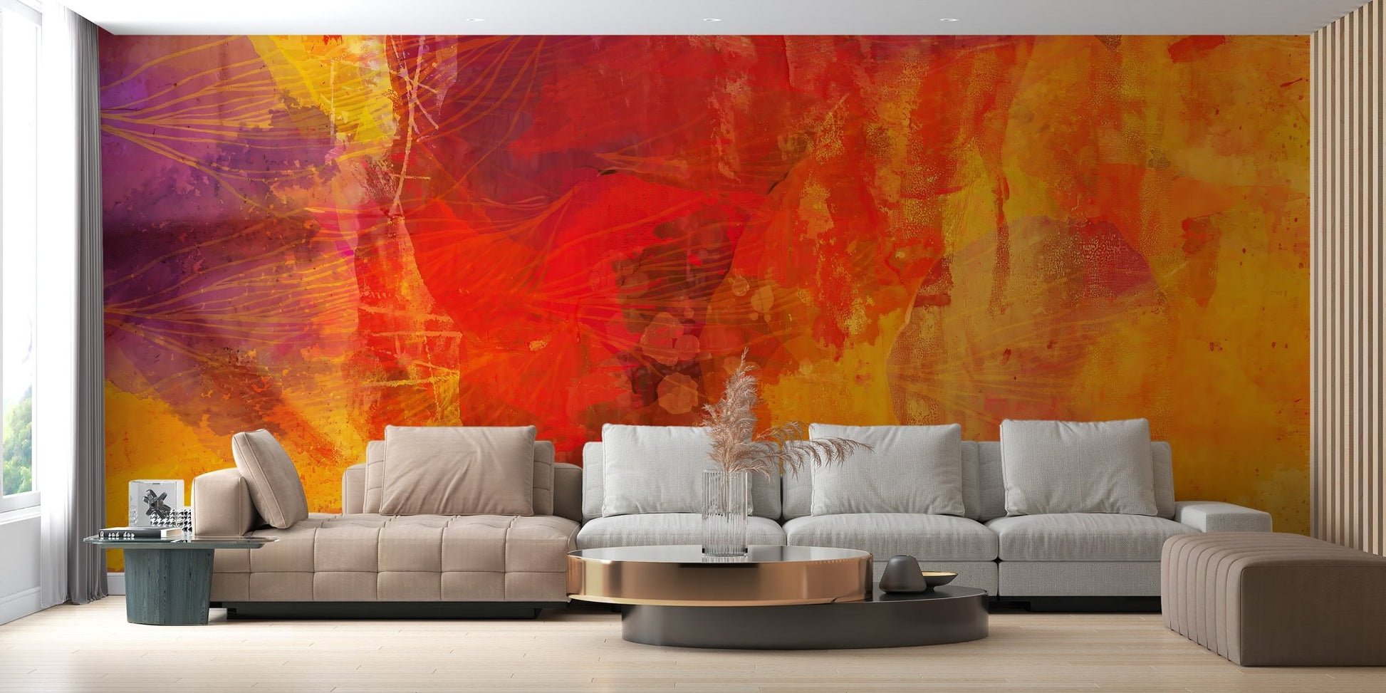 Artistic color splash wall mural in fiery sunset palette.