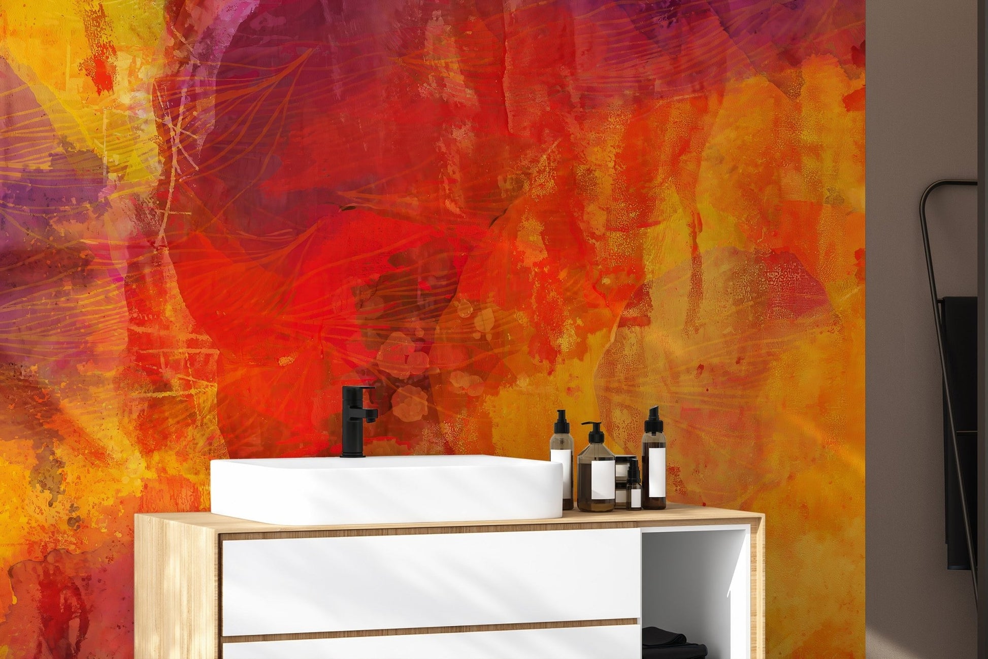 Modern abstract wallpaper in vivid orange and crimson tones.