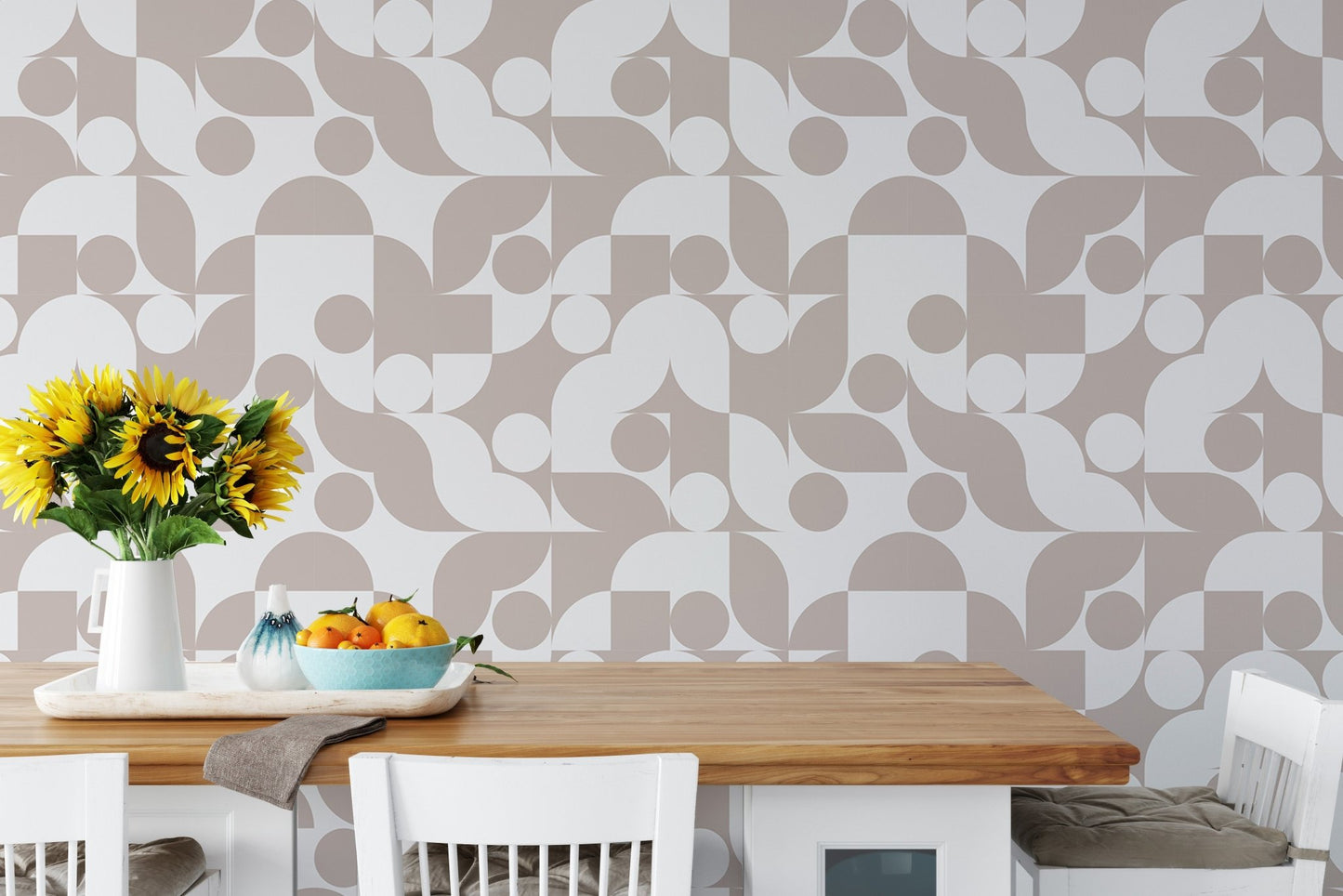 Scandi art wall mural with beige circular shapes in a dining room setting.