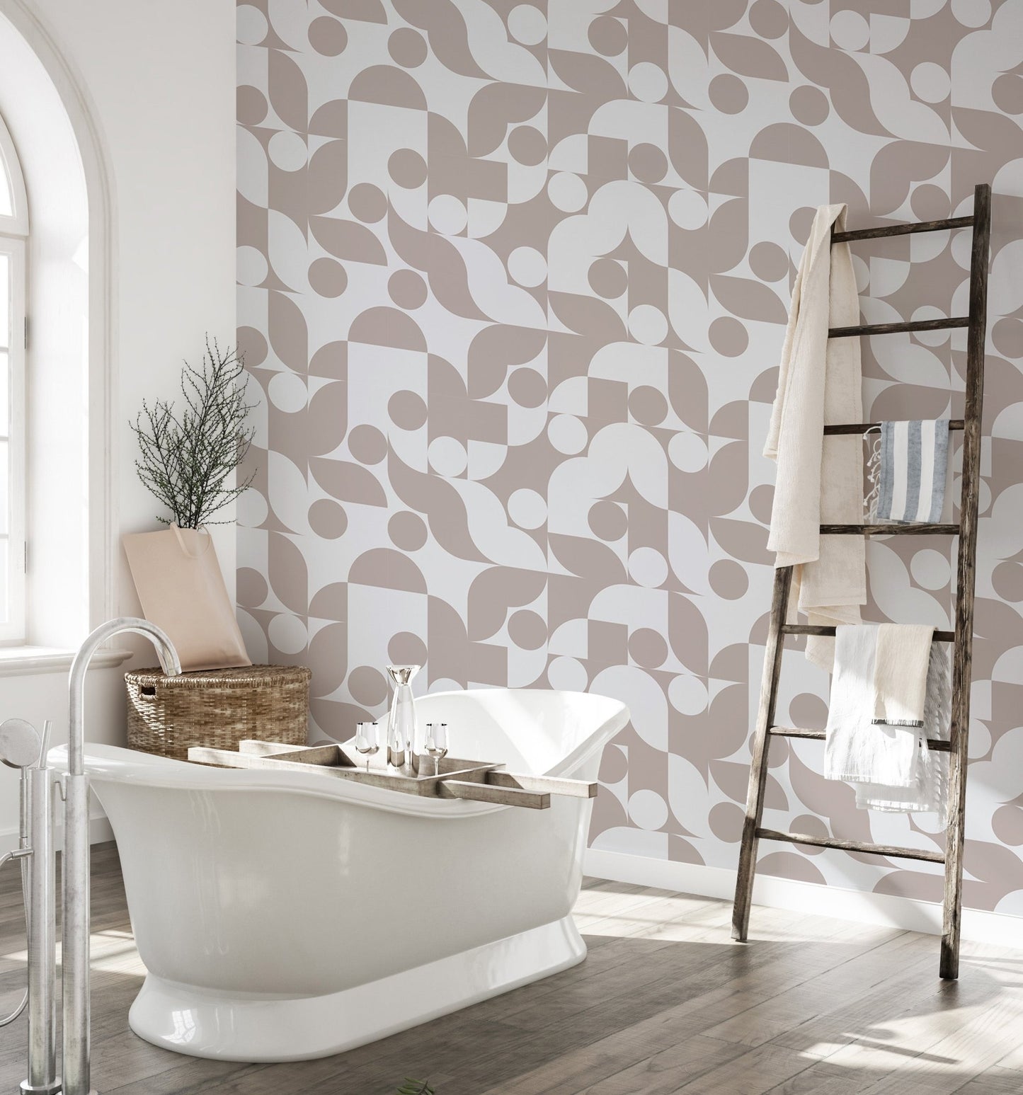 Brown abstract vector geometric wall mural in a modern bathroom with a white tub.
