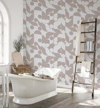 Brown abstract vector geometric wall mural in a modern bathroom with a white tub.