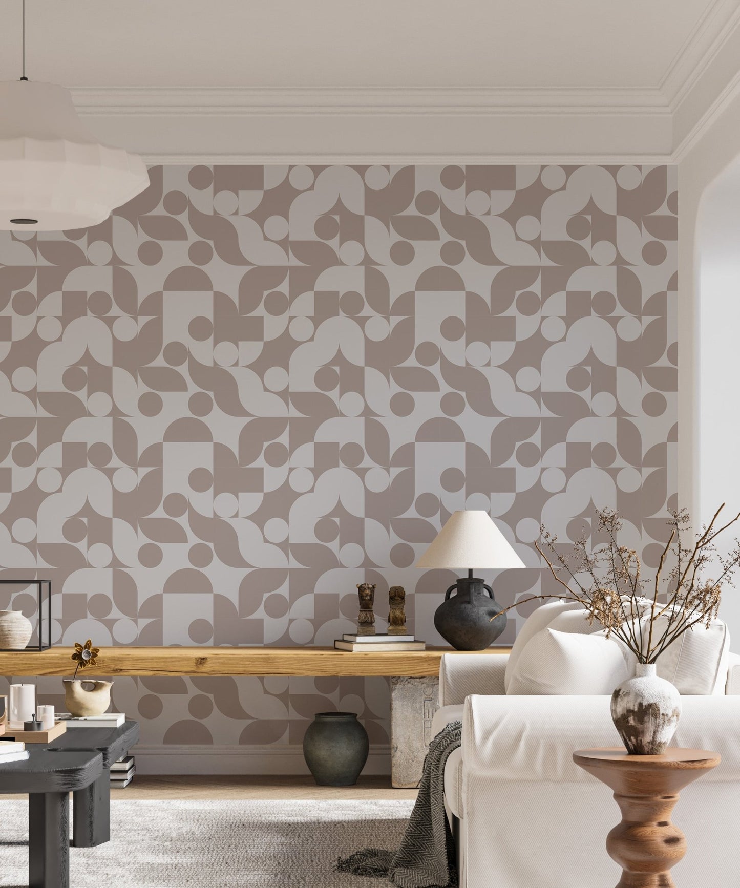 Minimalist geometric wall mural with brown abstract patterns in a home.