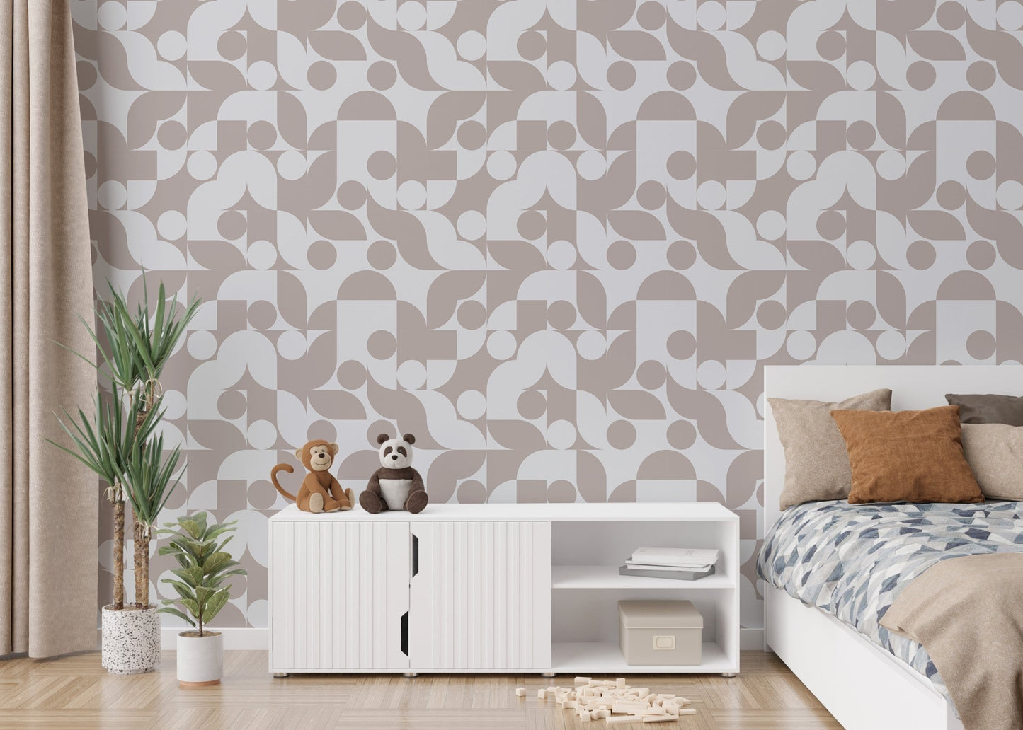 Scandi art wall mural featuring taupe geometric shapes in a bright bedroom.