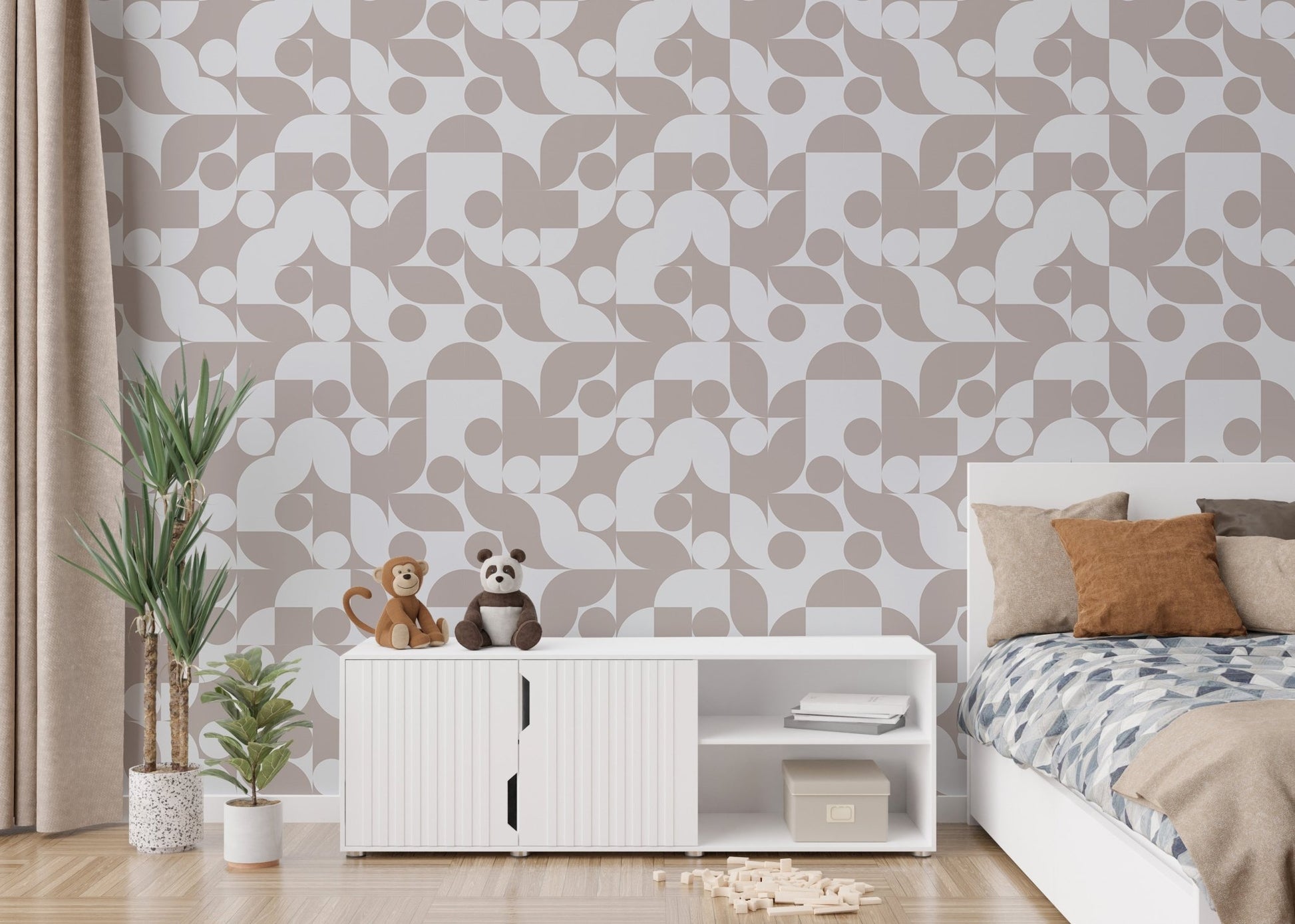 Scandi art wall mural featuring taupe geometric shapes in a bright bedroom.