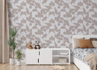 Scandi art wall mural featuring taupe geometric shapes in a bright bedroom.
