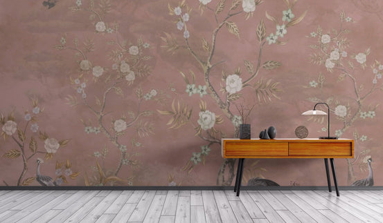 Brown chinoiserie wall mural featuring elegant cranes and white blossoms.