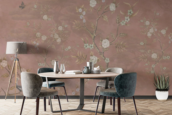 Elegant chinoiserie wall mural with a soft textured aesthetic.