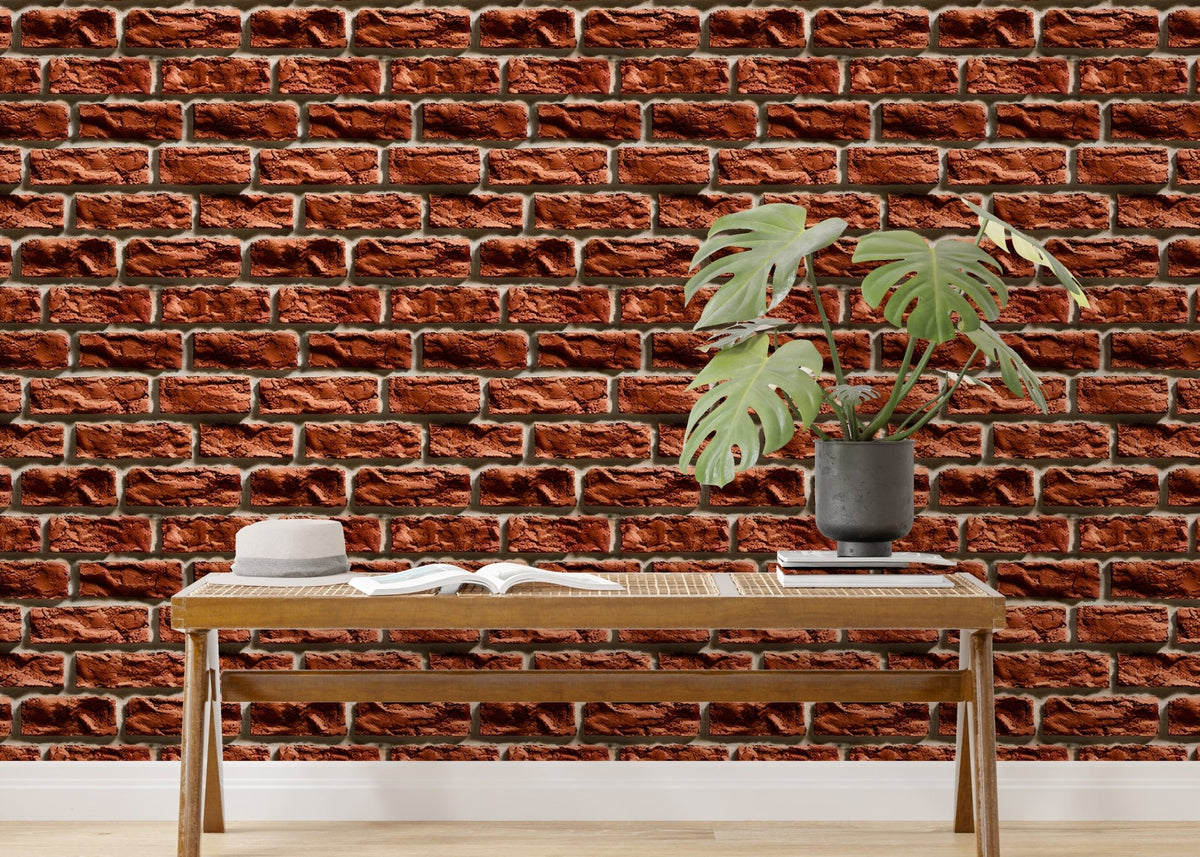Modern living space featuring a brown brick wallpaper behind a long wooden bench.