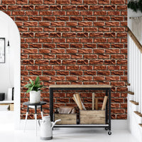 Industrial style bricks wallpaper in an entryway with a white watering can and plants.