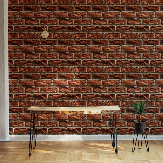 Rustic texture wallpaper behind a wooden desk and black metal stand in an office.