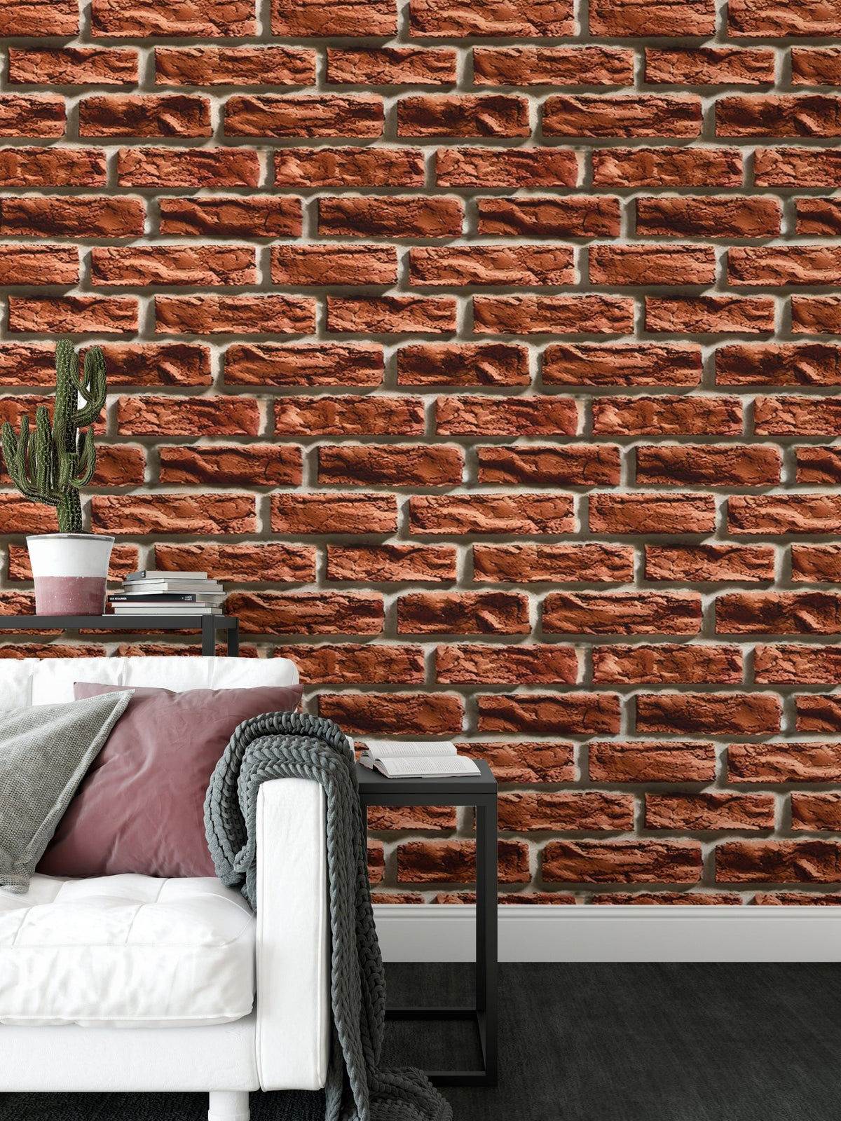 Brown color brick wall texture wallpaper in a living area with a white couch.