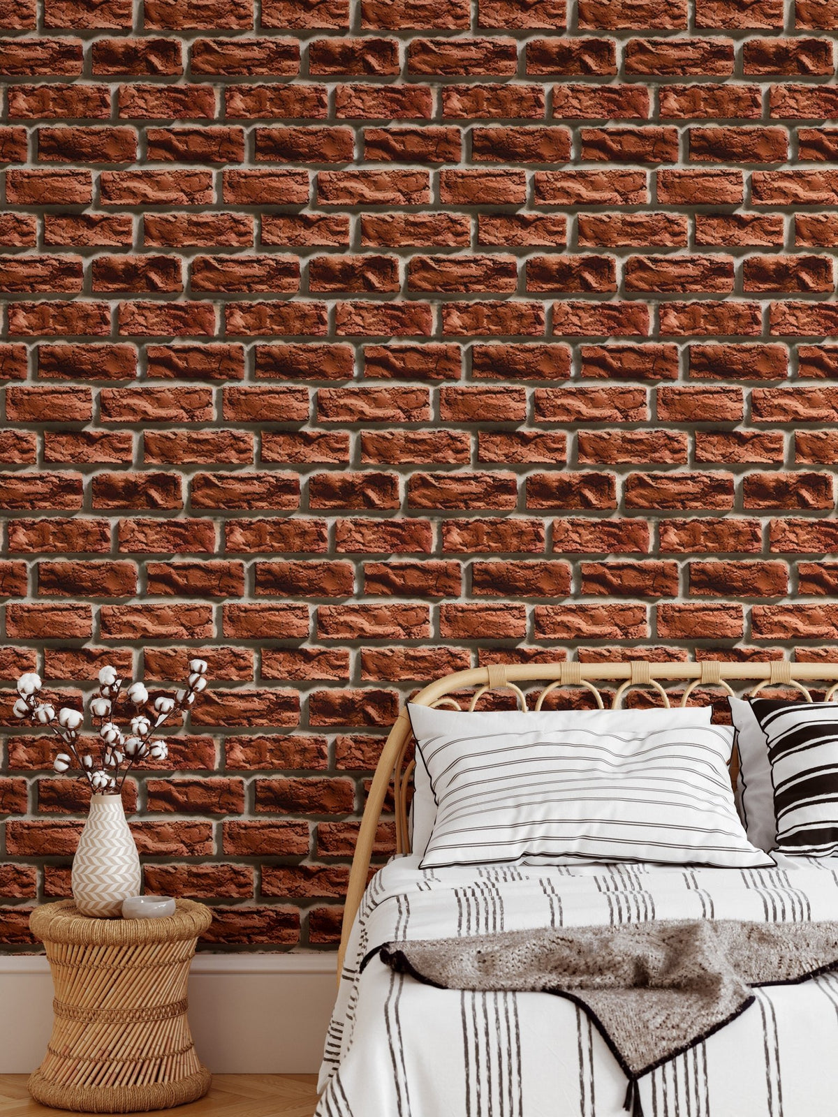 Realistic brown bricks wallpaper in a bedroom featuring a minimalist wooden bedside table.