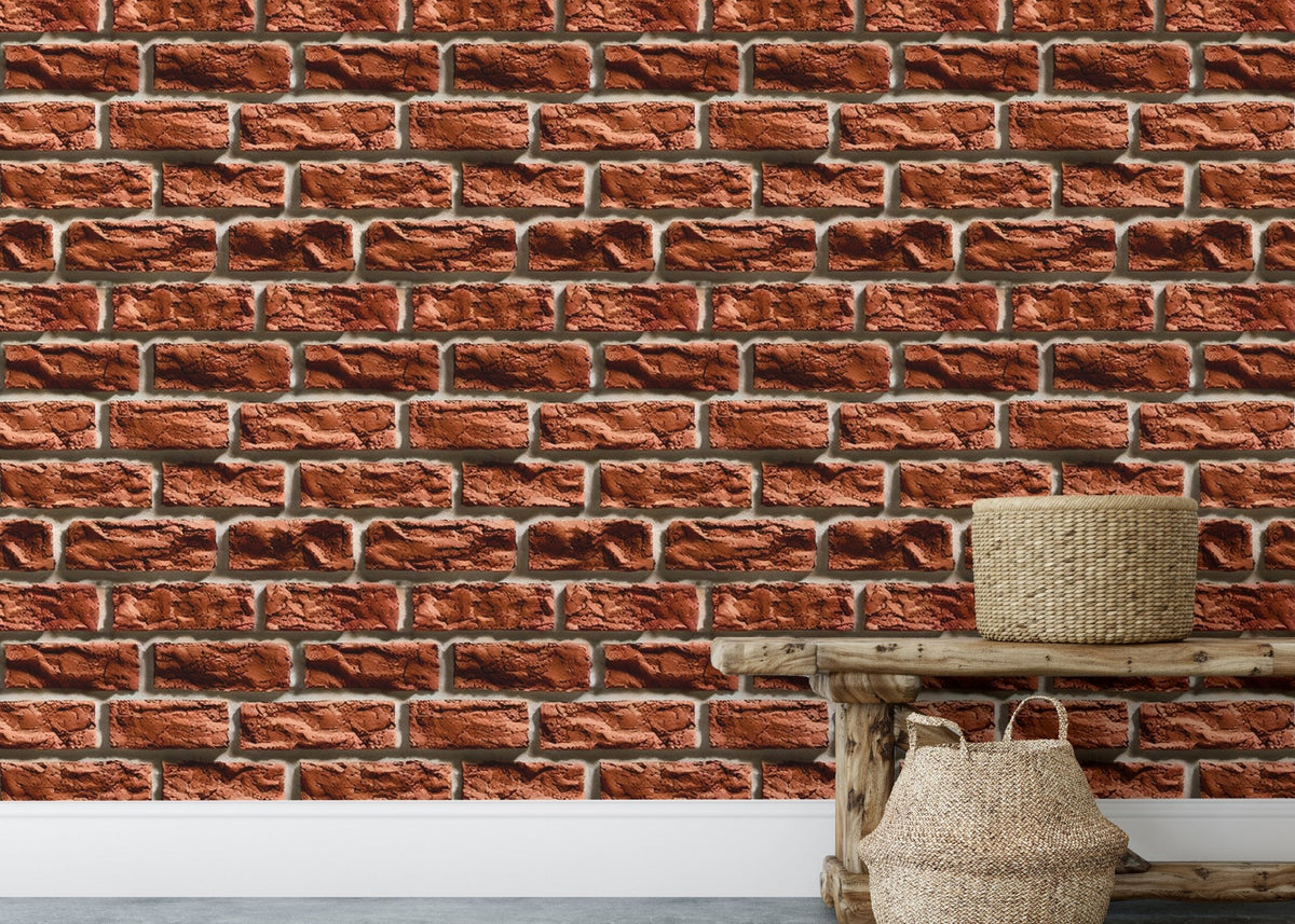 Brown color brick wall texture wallpaper behind a wooden bench with woven baskets.