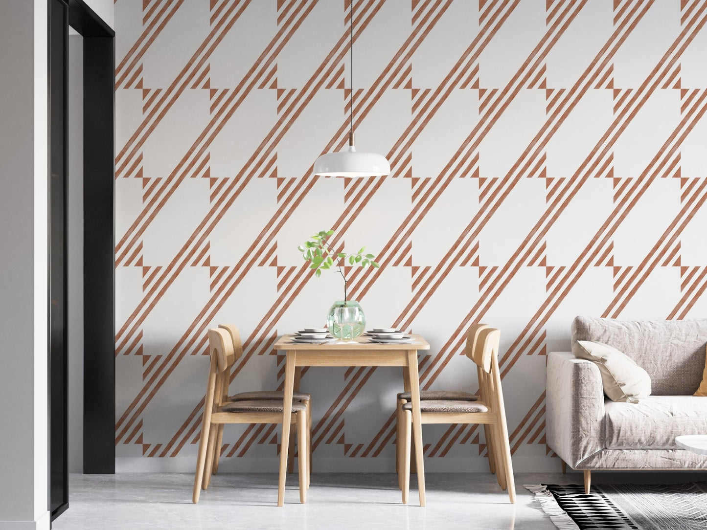 Modern wallpaper with brown slanted stripes in a bright apartment dining room.