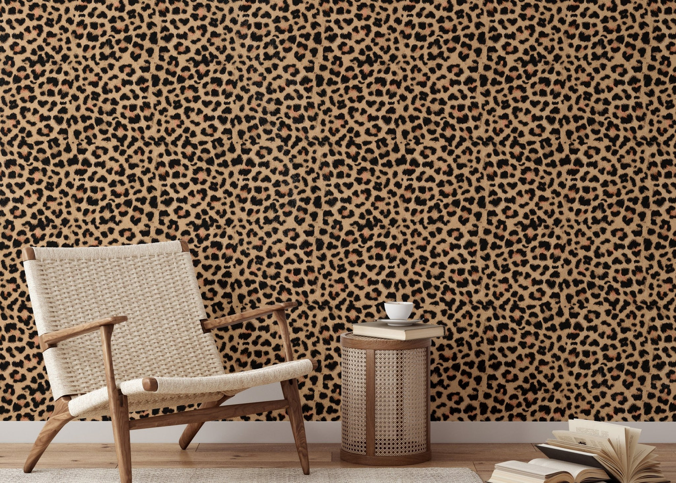 Leopard print wallpaper behind a modern white chair and wooden side table in reading area.