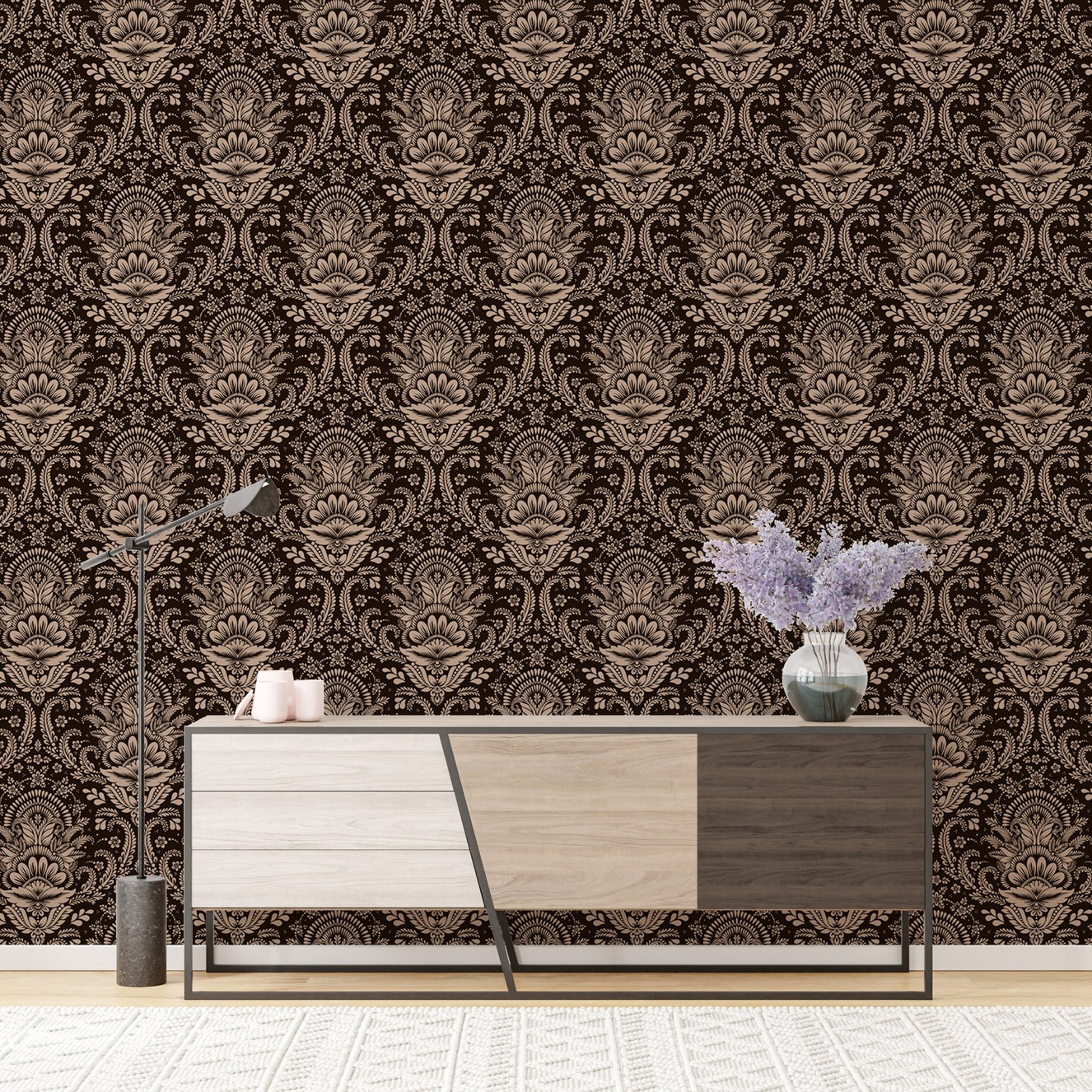 Rich brown damask wallpaper with vintage patterns