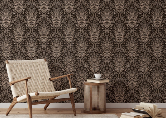 Ornamental brown vintage wallpaper for classic style reading room wall.