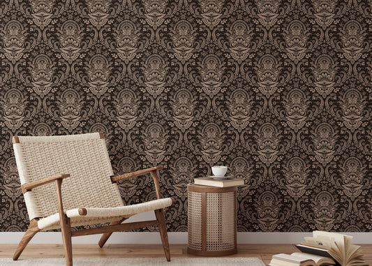 Ornamental brown vintage wallpaper for classic style reading room wall.
