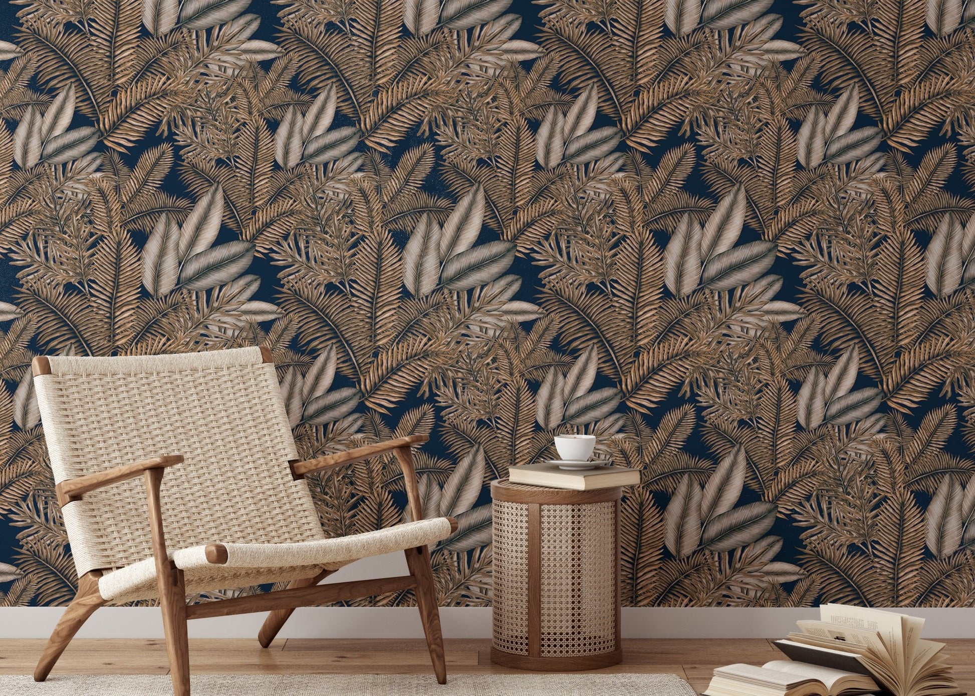 Brown color seamless pattern tropical dry leaves wallpaper with reading area chair.
