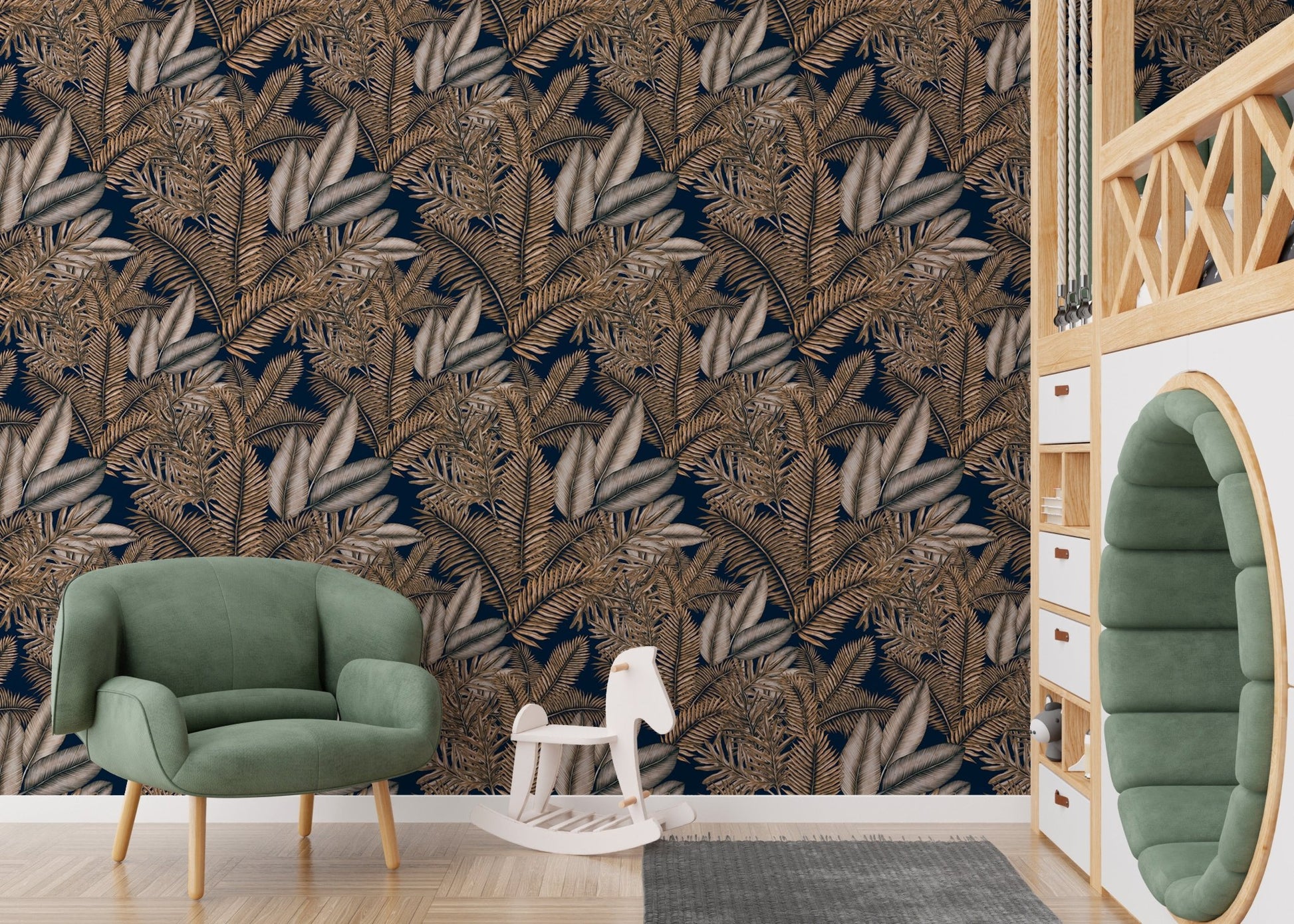 Tropical dry leaves pattern wallpaper in a kids playroom with a green chair.