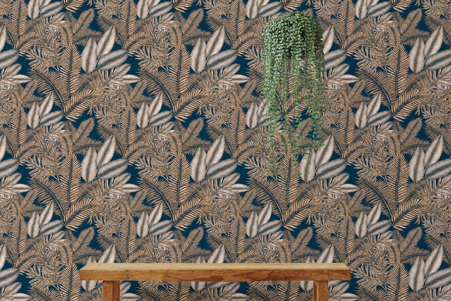 Dry leaves pattern wallpaper used as a backdrop for indoor hanging plants.