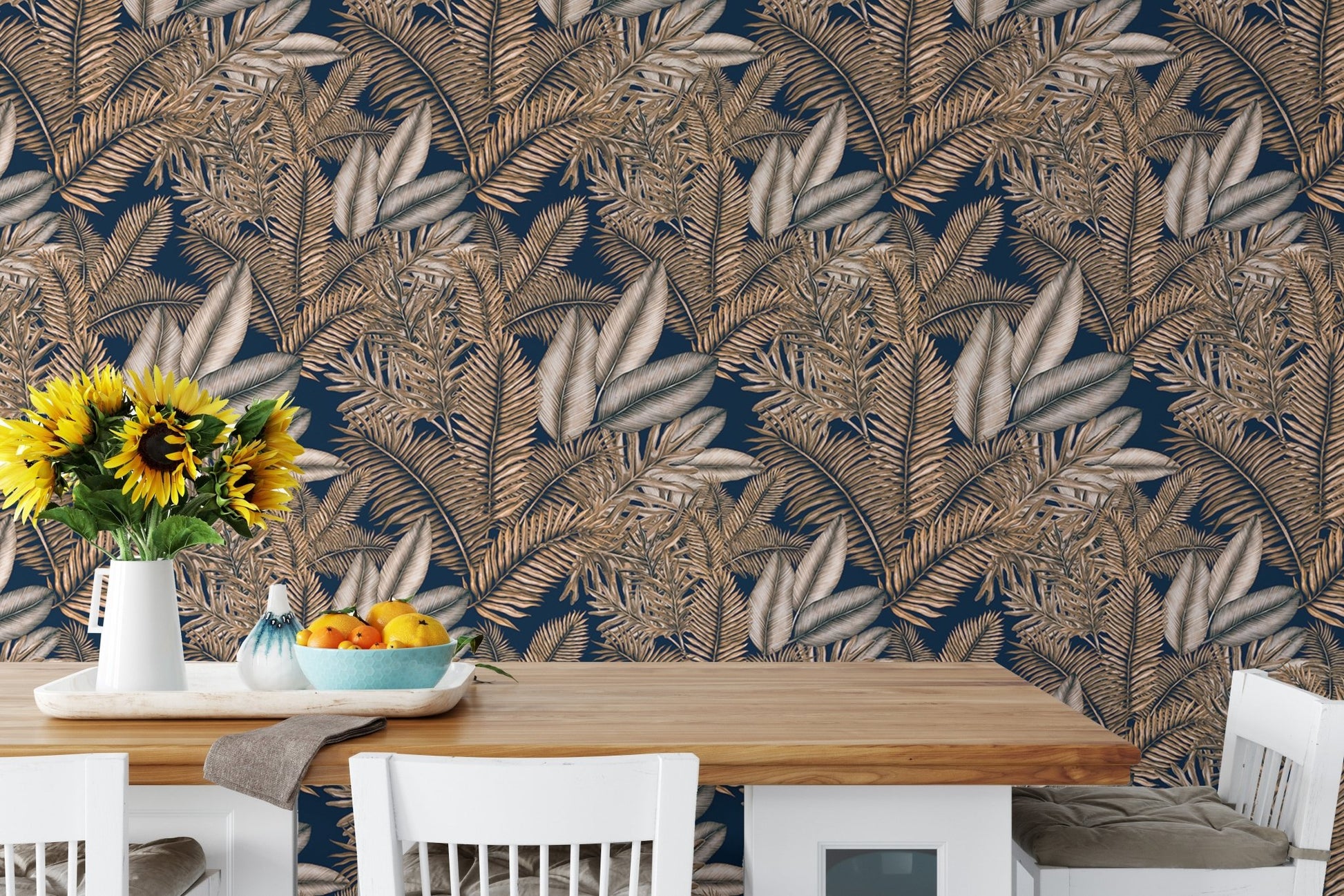Brown color seamless pattern tropical dry leaves wallpaper in a dining room.
