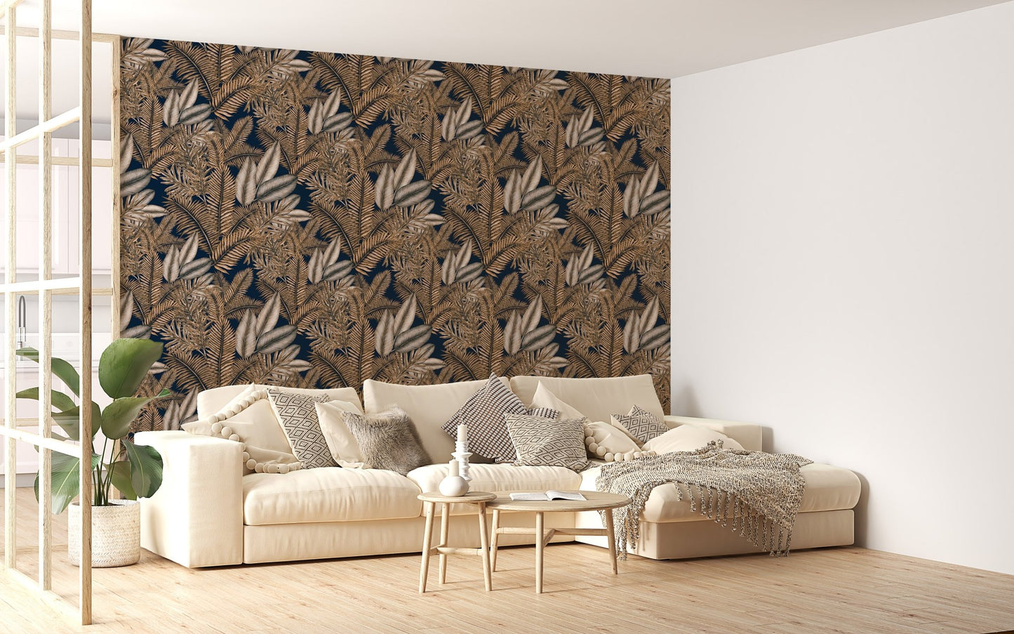 Brown dry leaves wallpaper in a minimalist living room with a beige sofa.