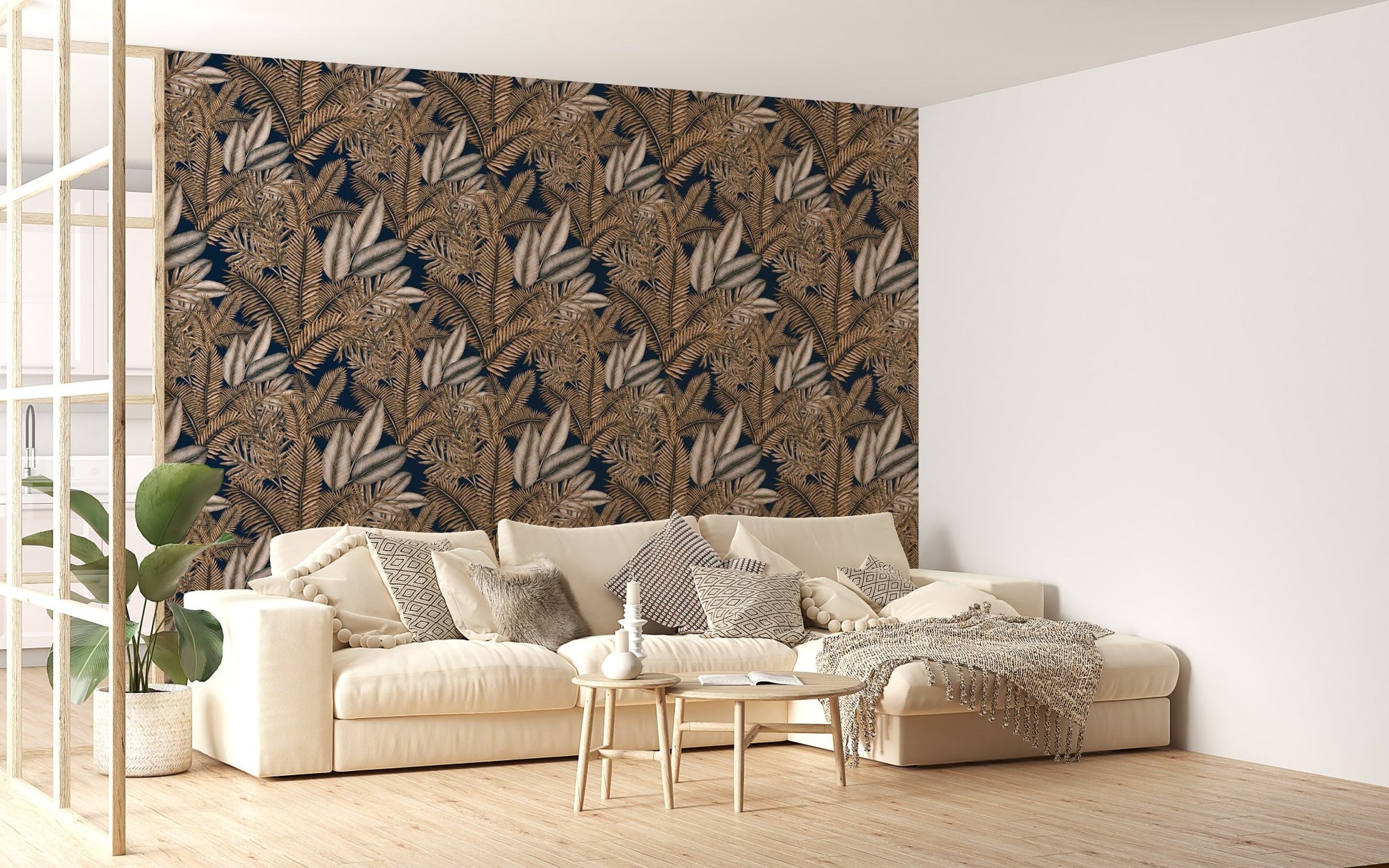 Brown dry leaves wallpaper in a minimalist living room with a beige sofa.