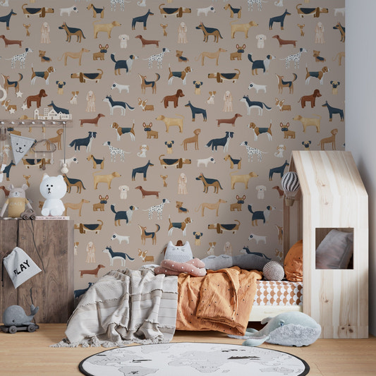 Brown dogs breed pattern wallpaper featuring assorted canine sketches.