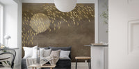 Brown Golden Flying Birds Wall mural in a minimalist living room.