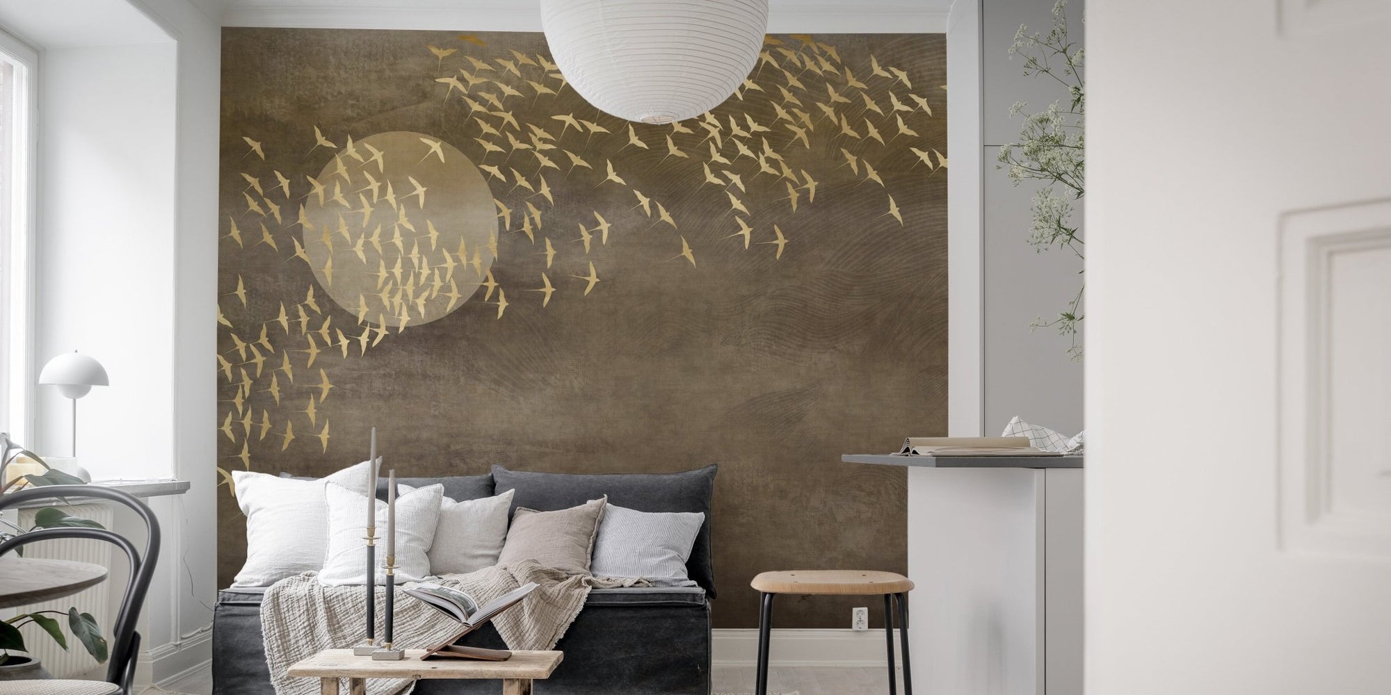 Brown Golden Flying Birds Wall mural in a minimalist living room.